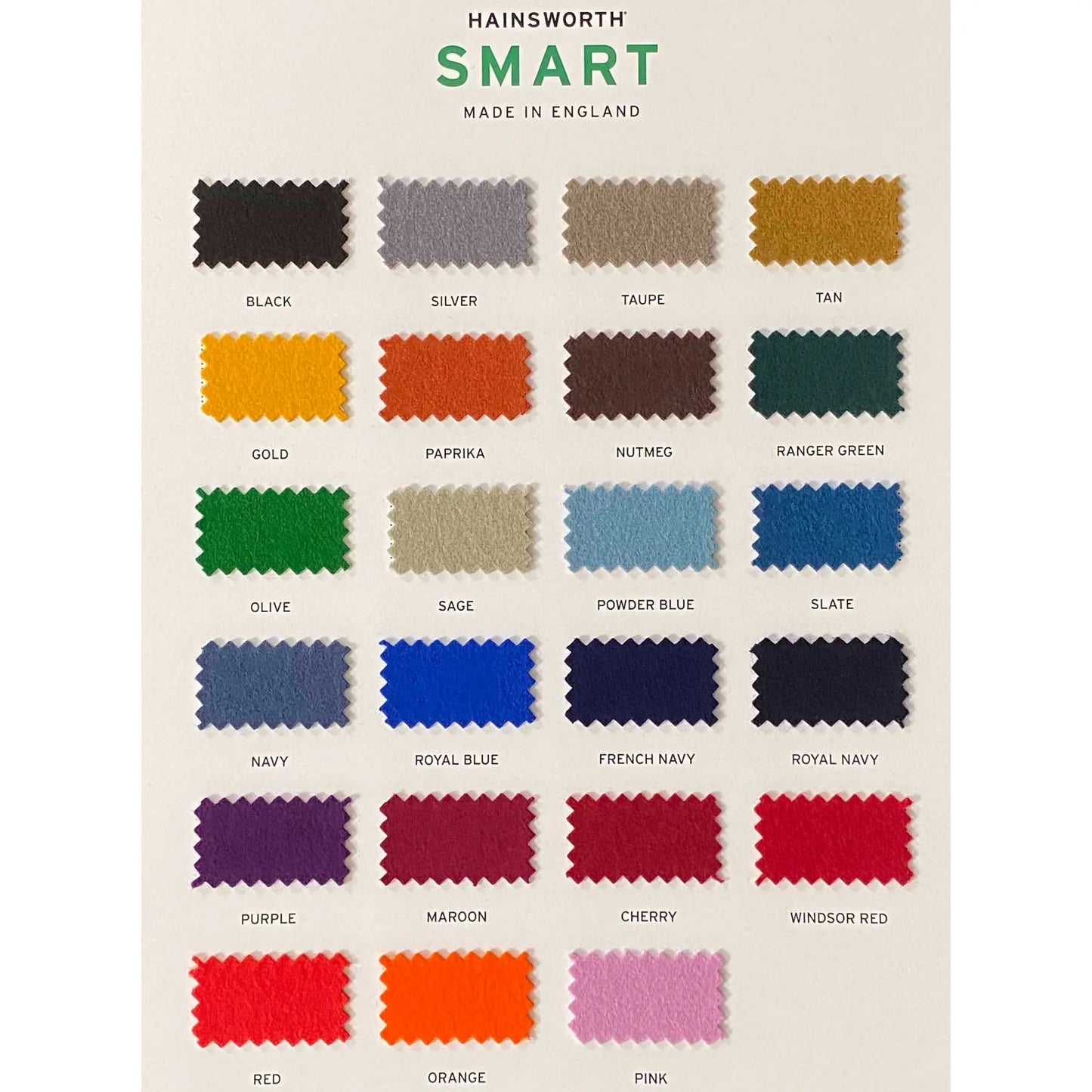 Color swatch chart by Hainsworth Smart with various fabric color samples.
