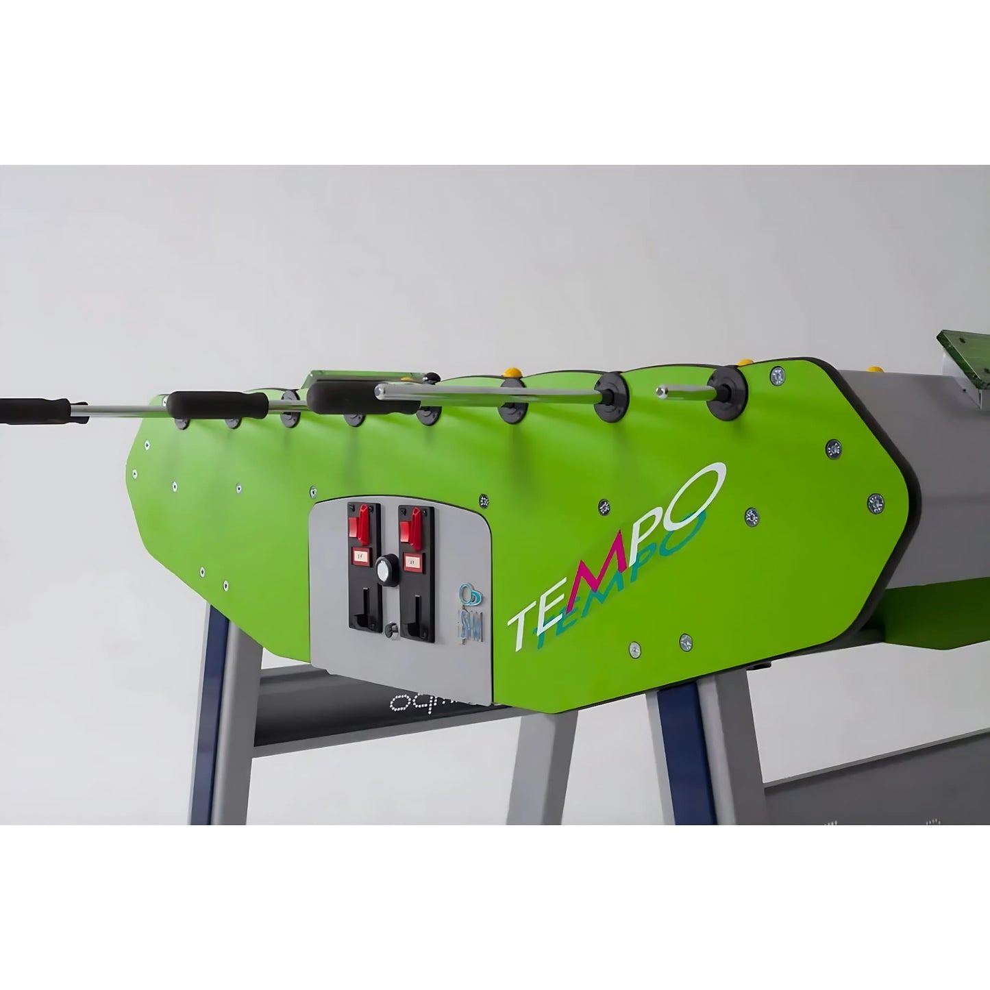 Green foosball table with 'Tempo' branding on a white background