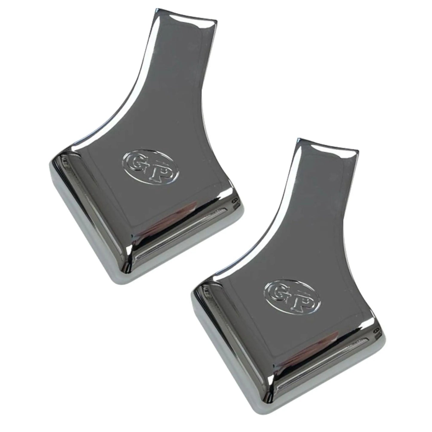 Two chrome pool table corner covers on a white background