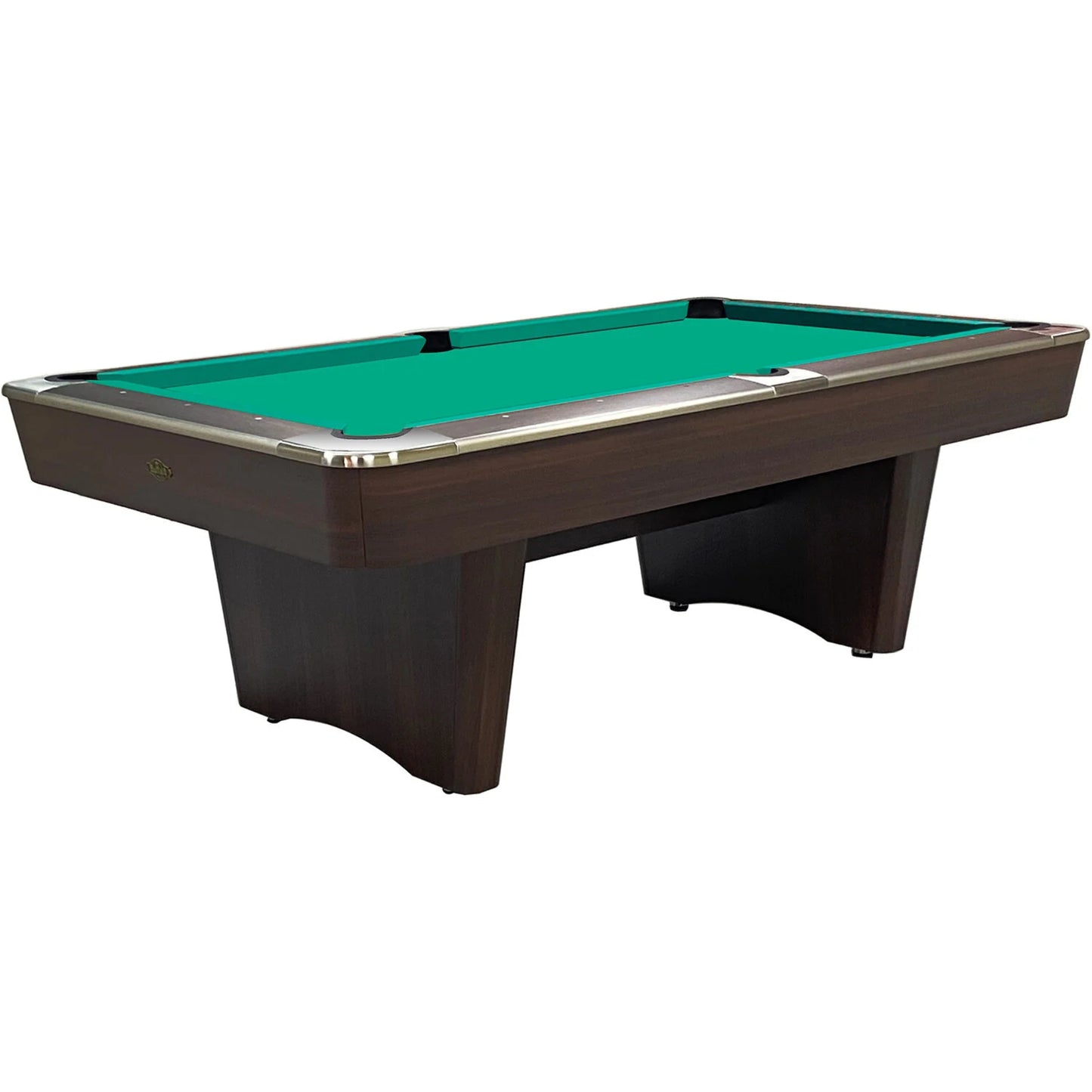 Pool table with green felt surface and brown frame on a white background