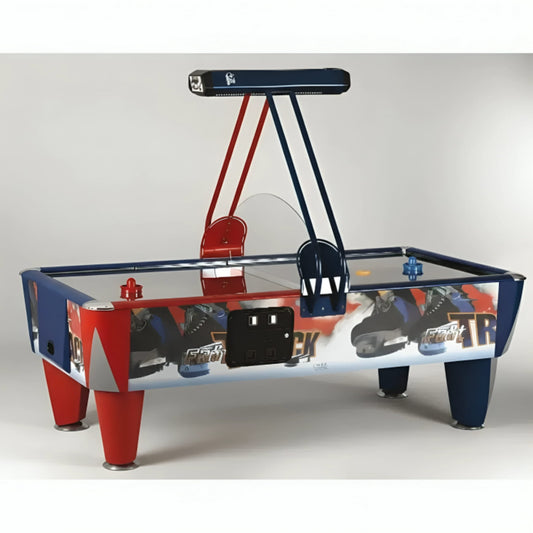 Air hockey table with red, white, and blue design on a gray background