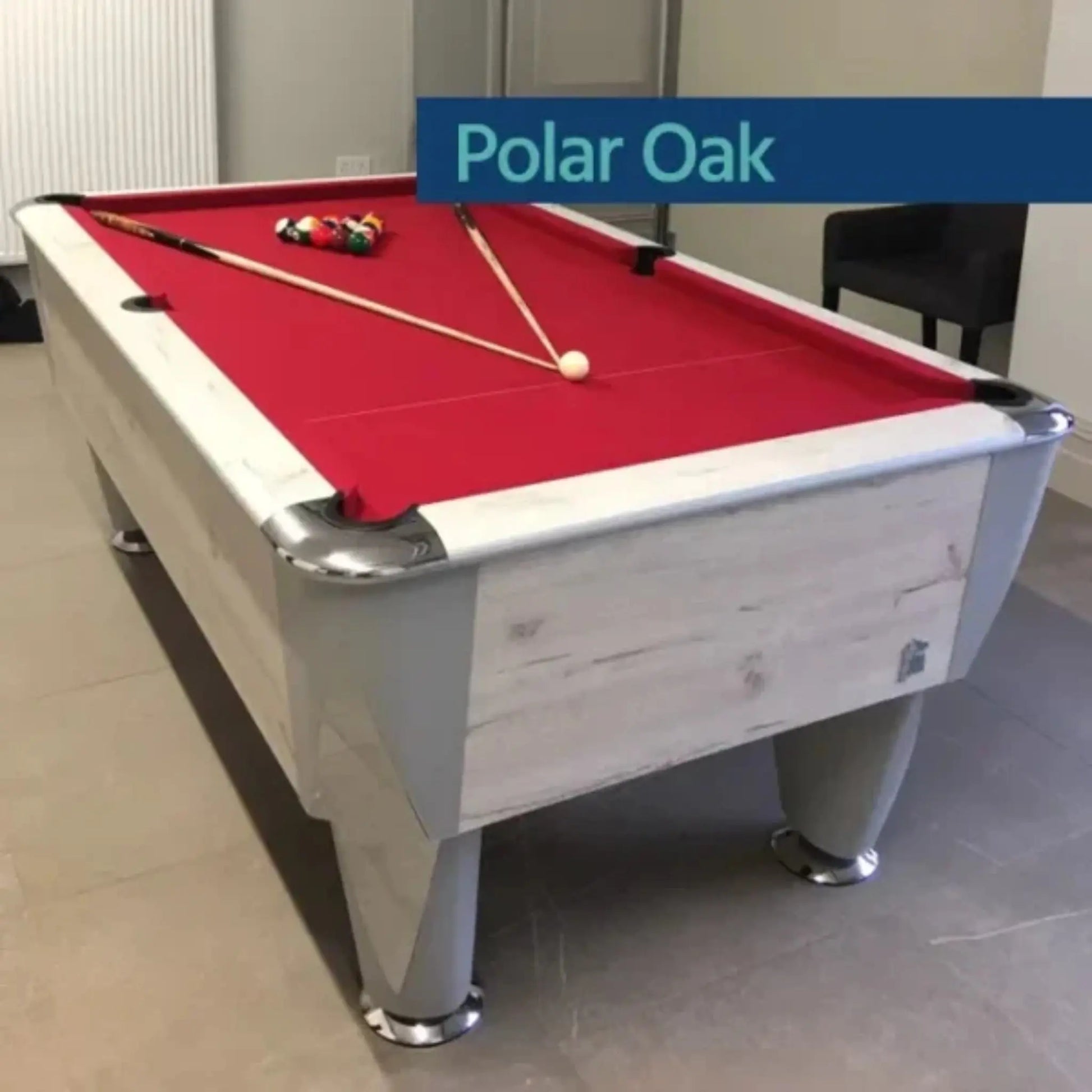 Pool table with red felt and pool cues, branded 'Polar Oak'.
