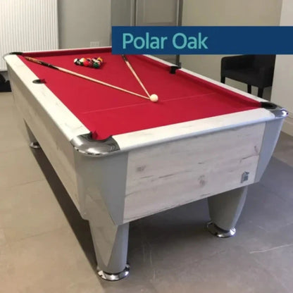 Pool table with red felt and pool cues, branded 'Polar Oak'.
