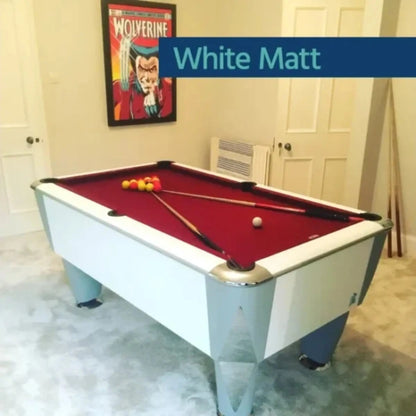 Pool table with red felt surface and billiard balls, featuring a 'Wolverine' comic book on the wall.