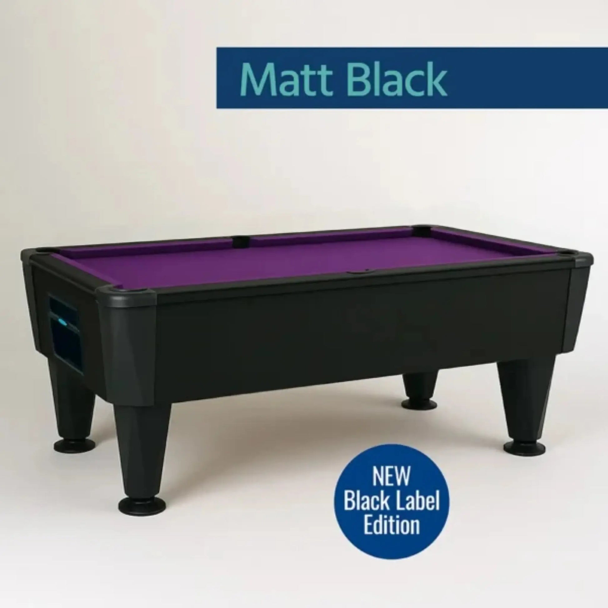Pool table with purple felt and black frame on a white background, labeled 'Matt Black' and 'NEW Black Label Edition'.