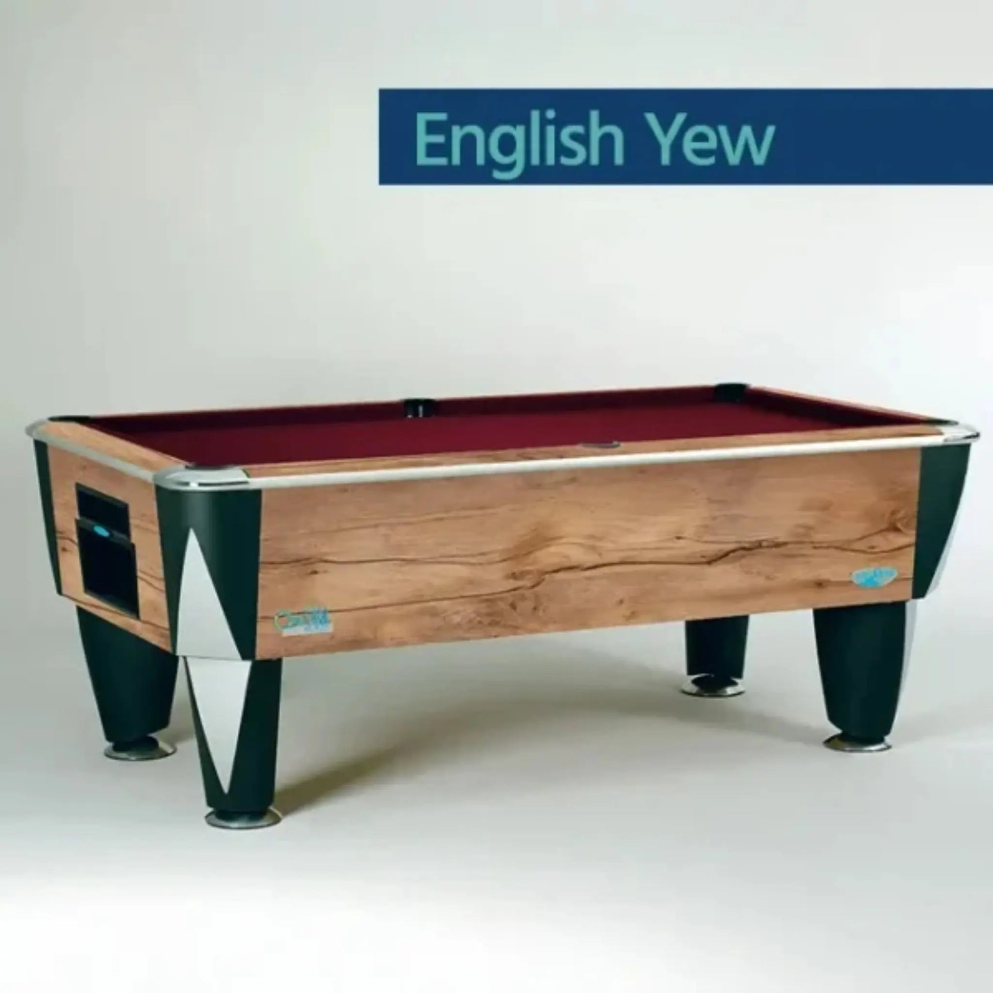 Wooden pool table with 'English Yew' label on a white background