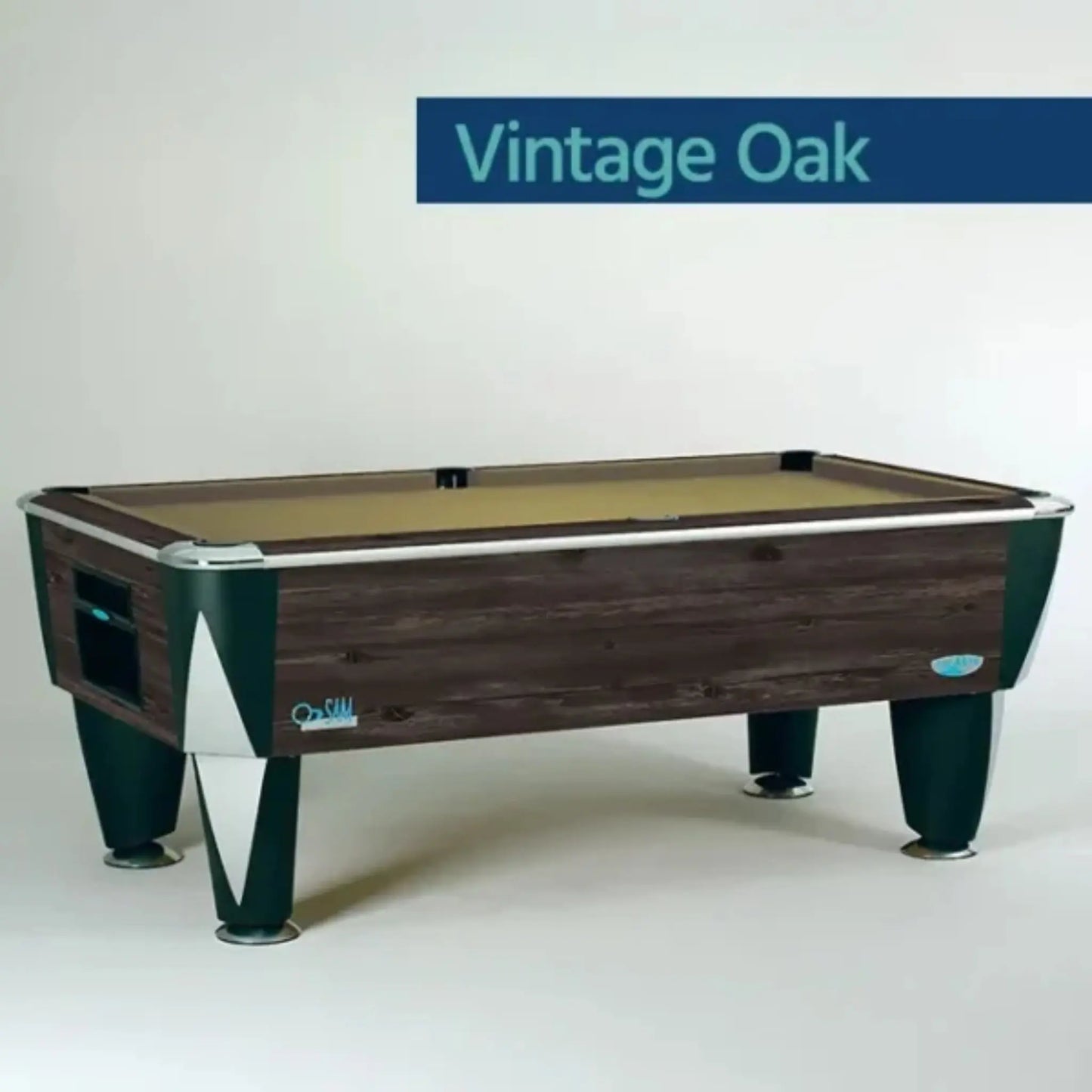 Pool table with 'Vintage Oak' branding on a white background