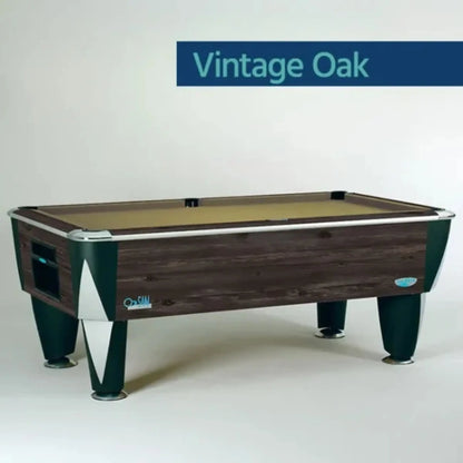 Pool table with 'Vintage Oak' branding on a white background
