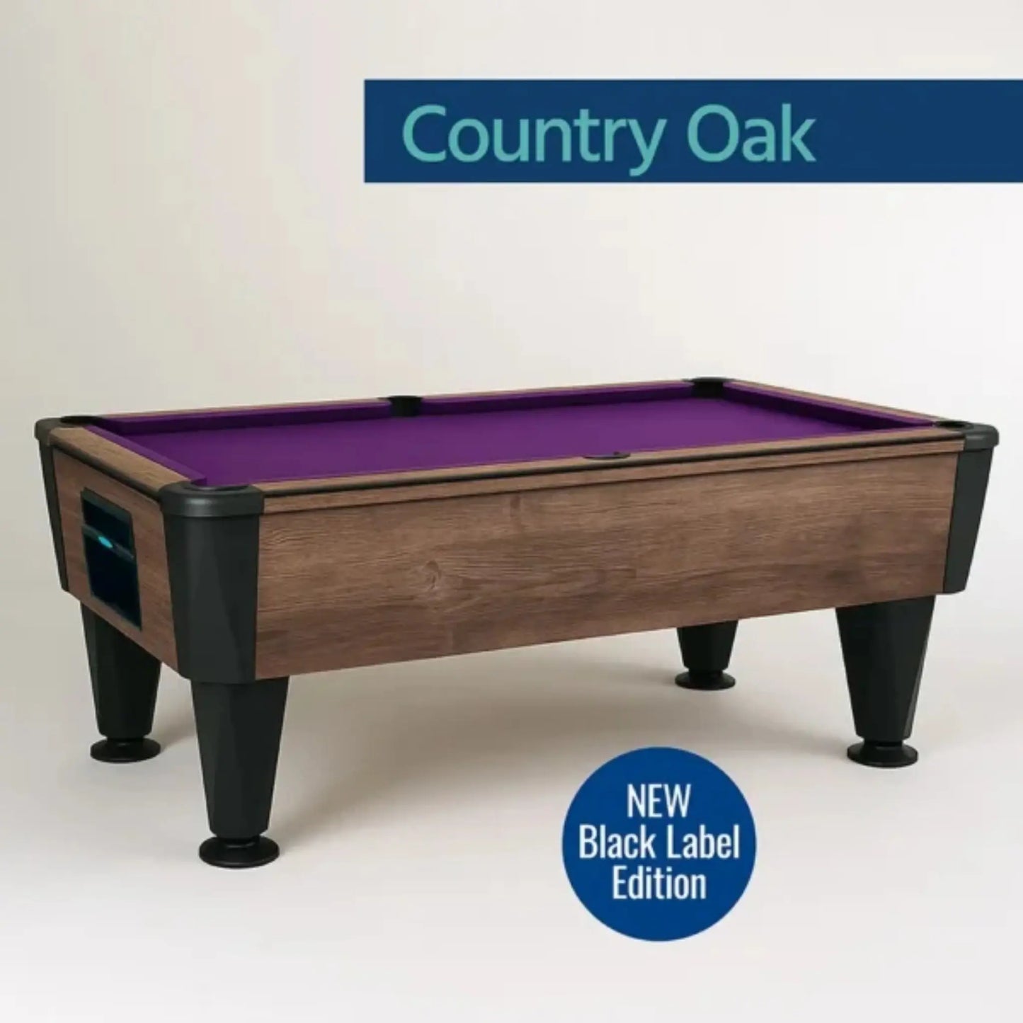 Pool table with purple felt and 'Country Oak' branding on a white background