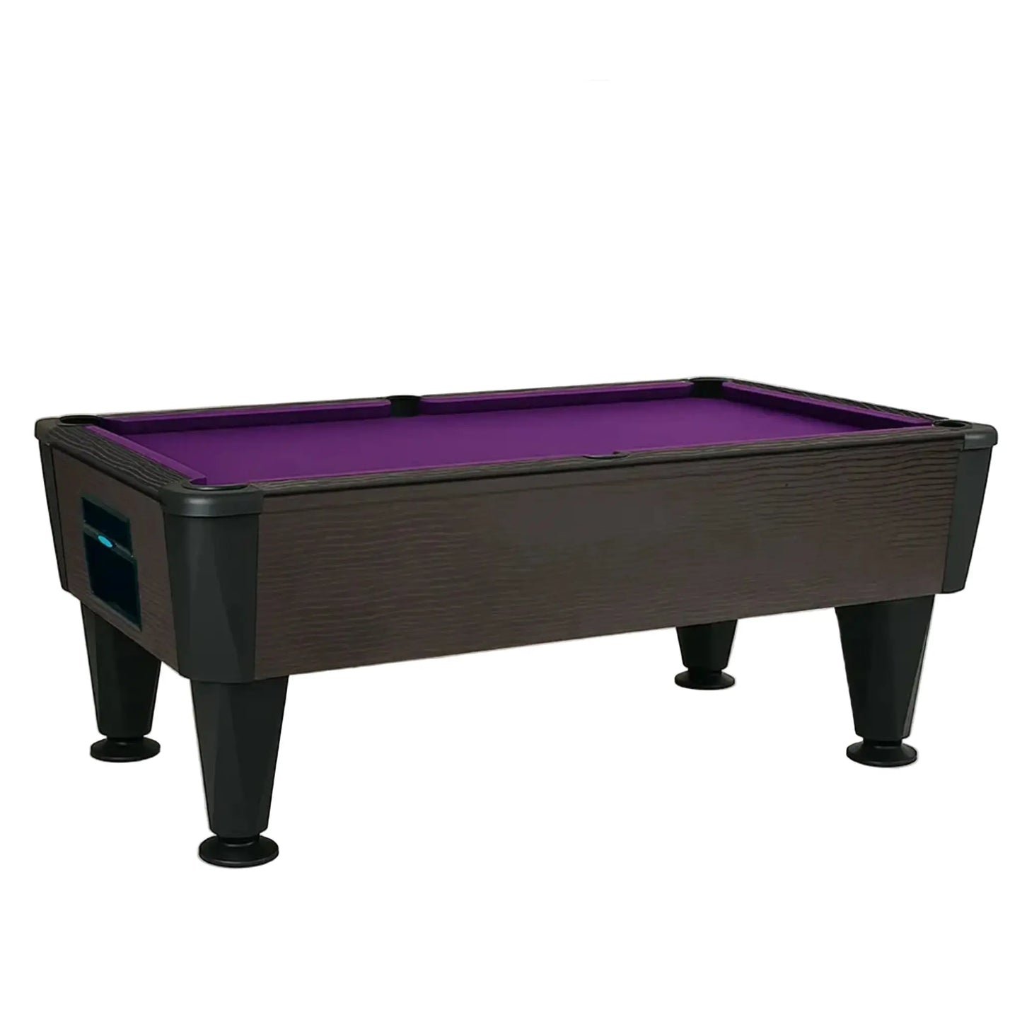 Pool table with purple felt surface on a white background