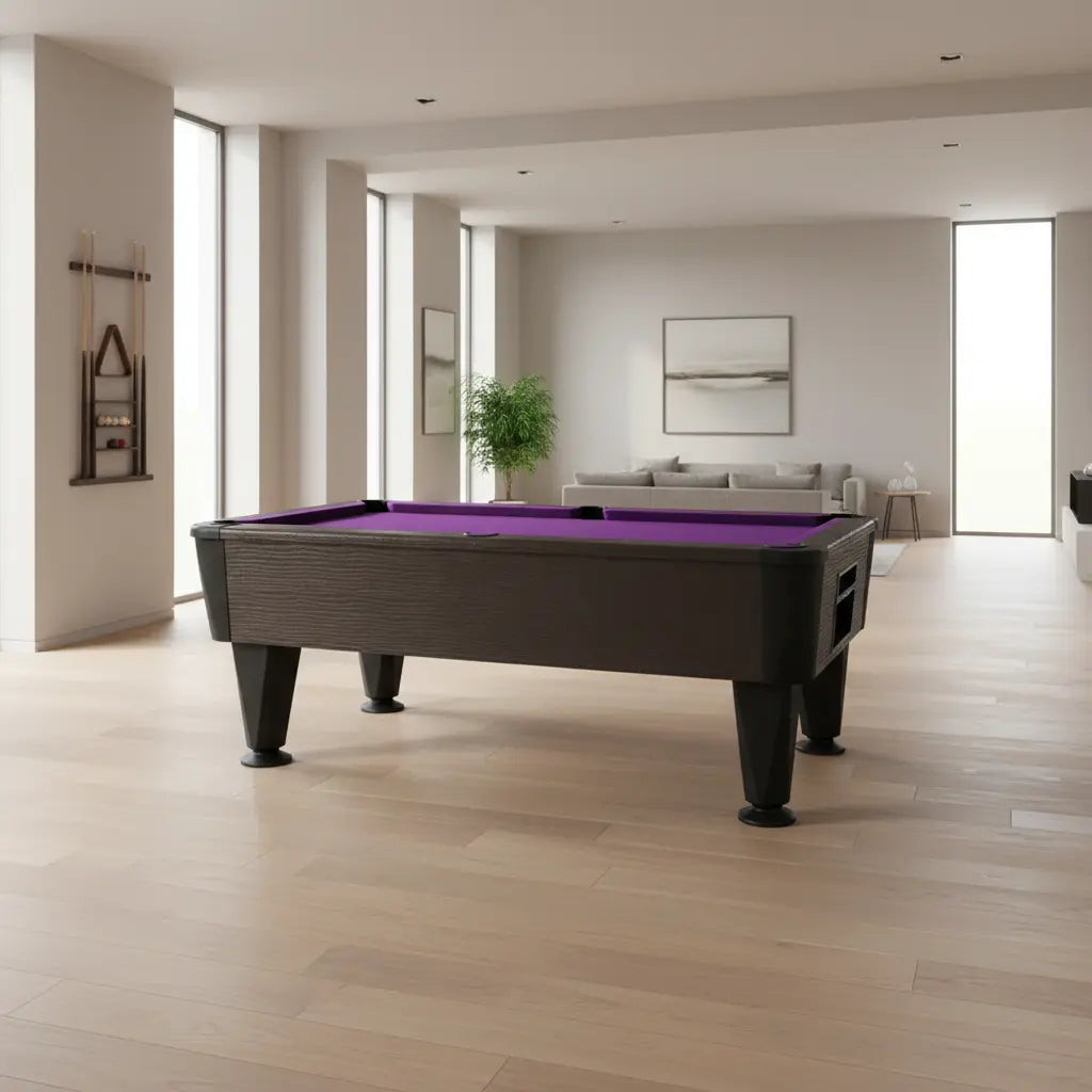 Modern living room with a pool table featuring a purple felt surface.