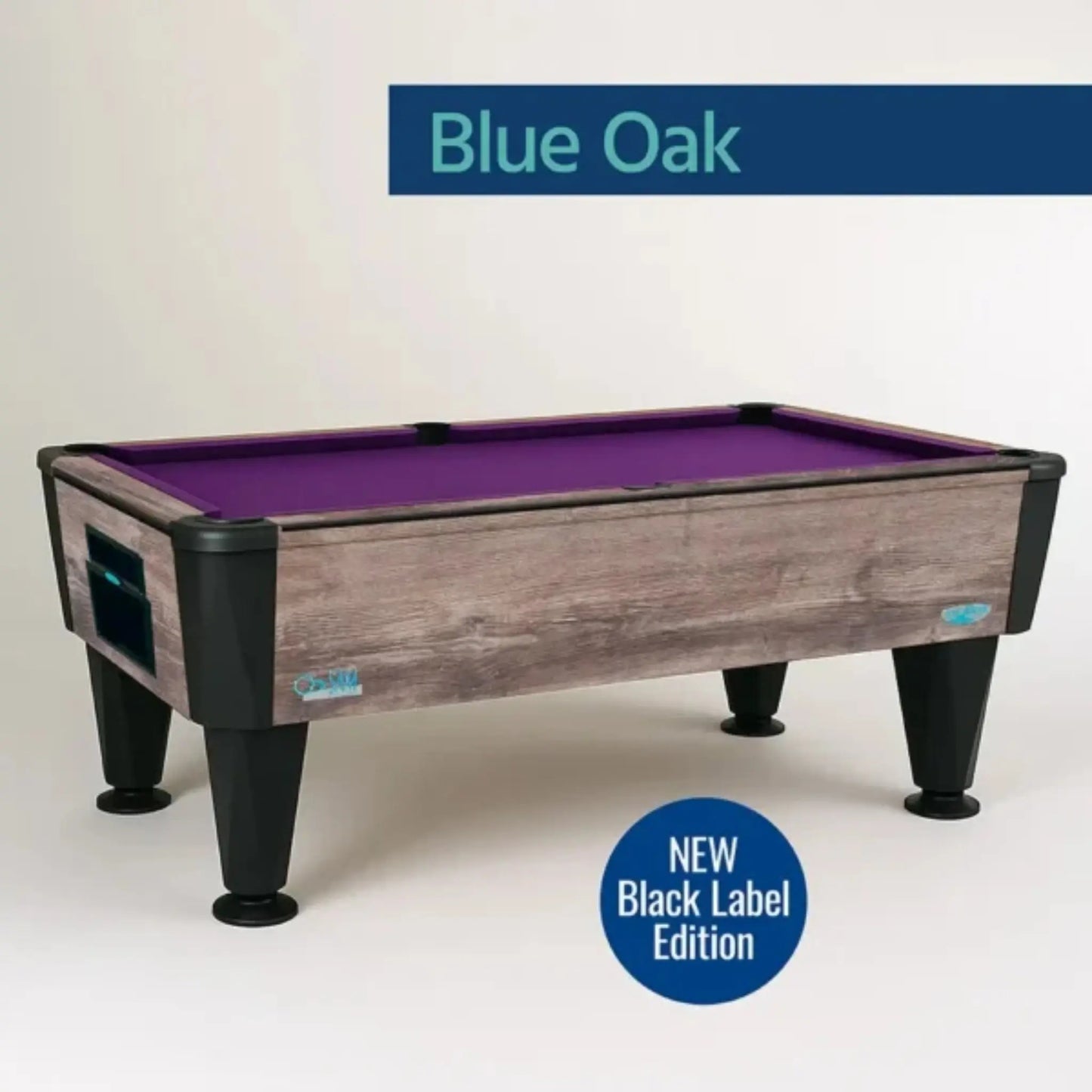 Pool table with purple felt and 'Blue Oak' branding on a white background