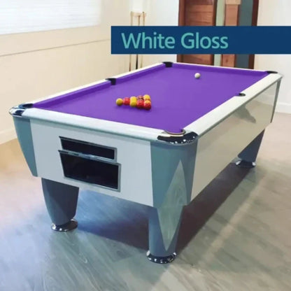 Pool table with purple felt and billiard balls on a wooden floor.