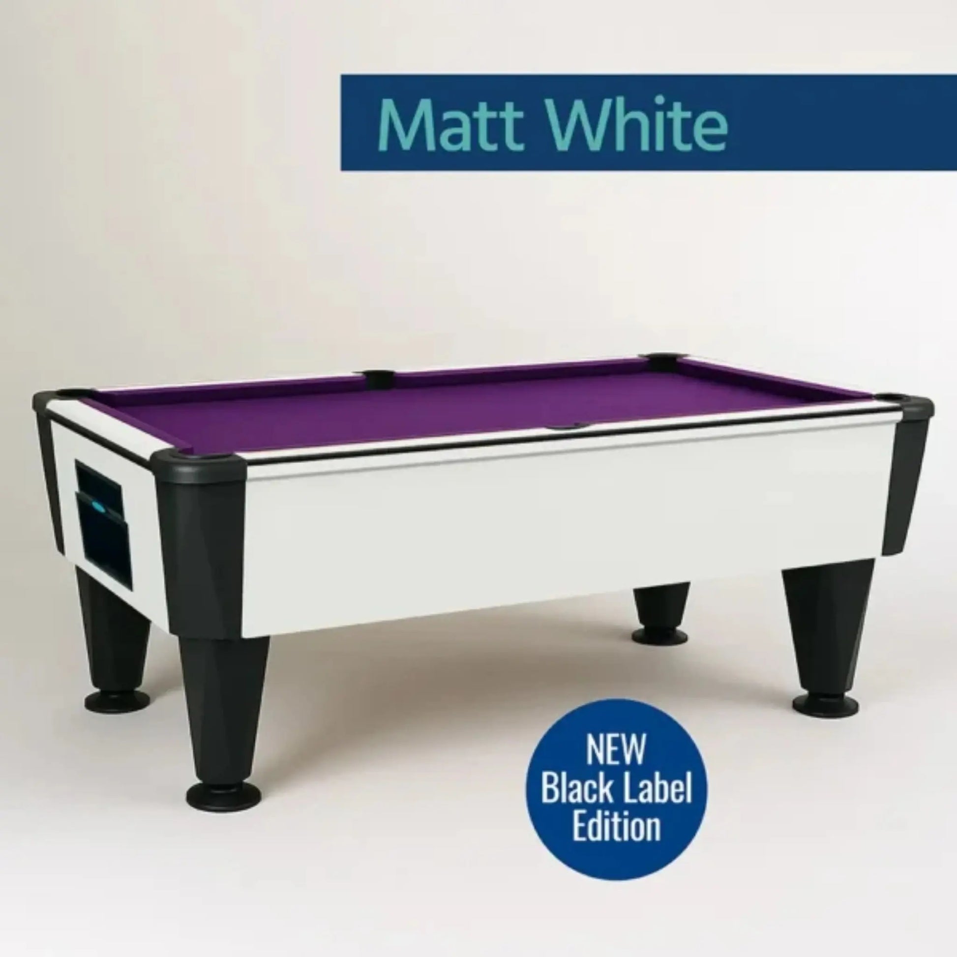 Pool table with purple felt and black legs on a white background, labeled 'Matt White' and 'NEW Black Label Edition'.