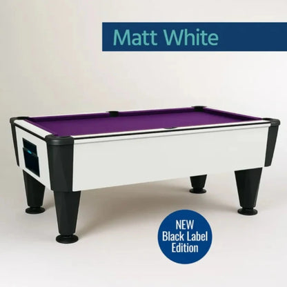Pool table with purple felt and black legs on a white background, labeled 'Matt White' and 'NEW Black Label Edition'.