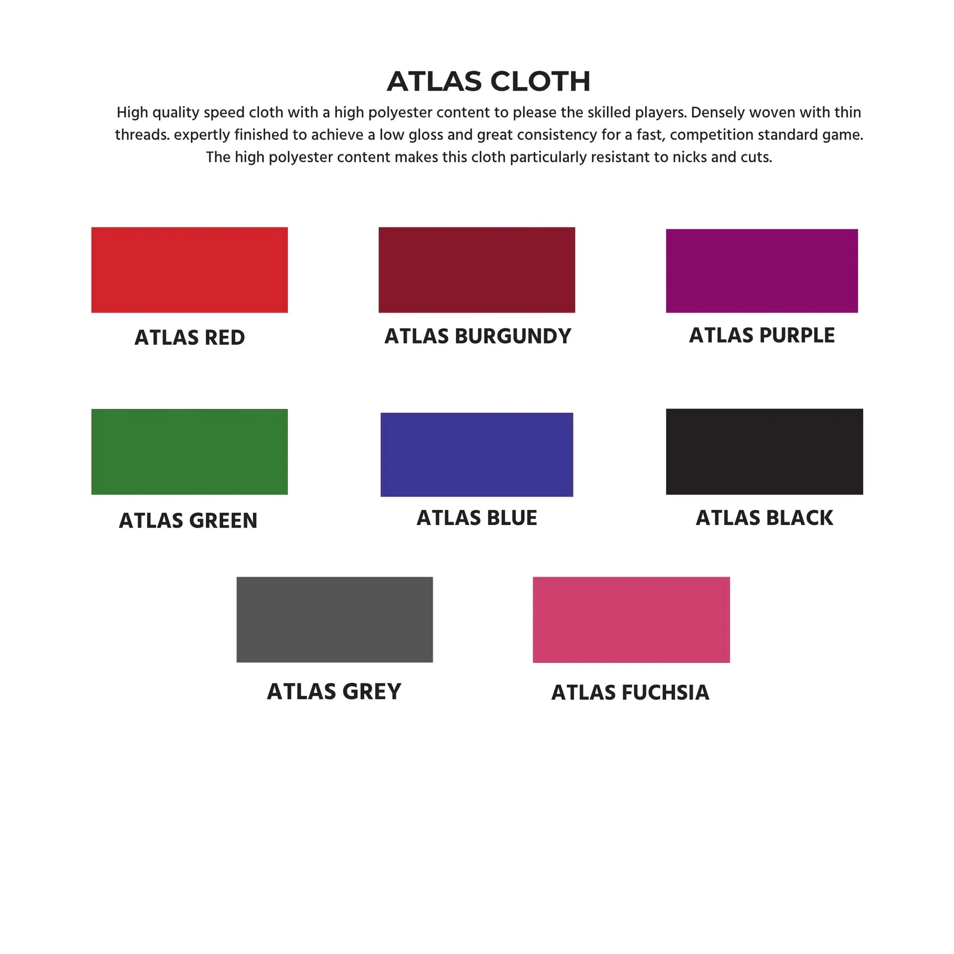 Color swatches of Atlas Cloth in various colors with descriptive text.