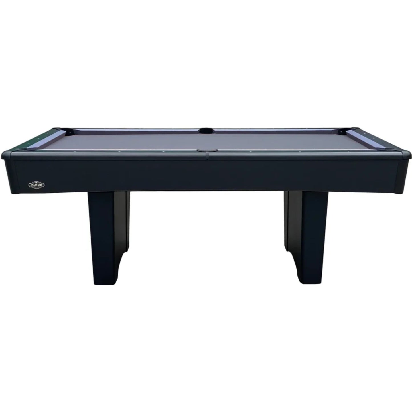 Pool table with black felt surface on a white background