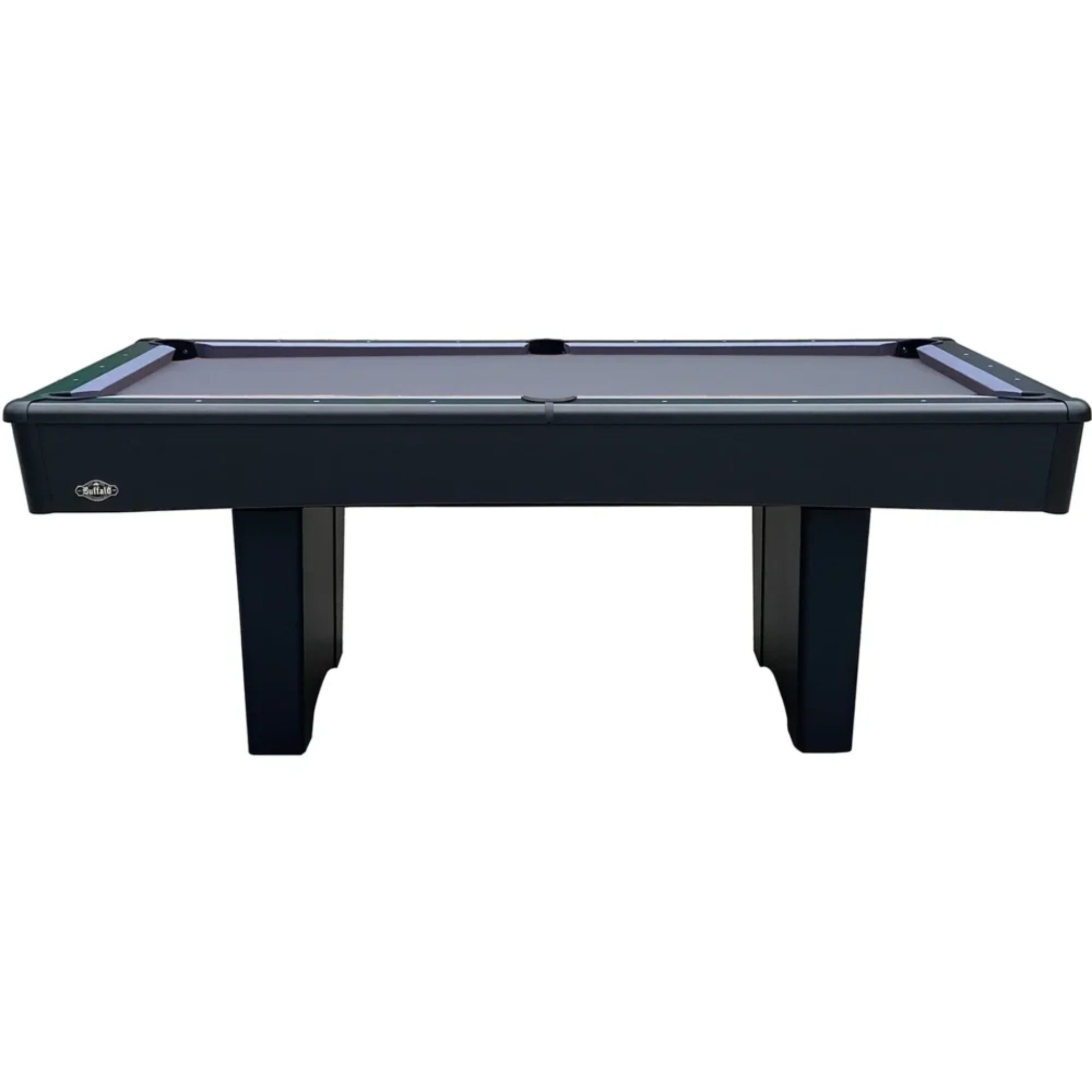 Pool table with black felt surface on a white background