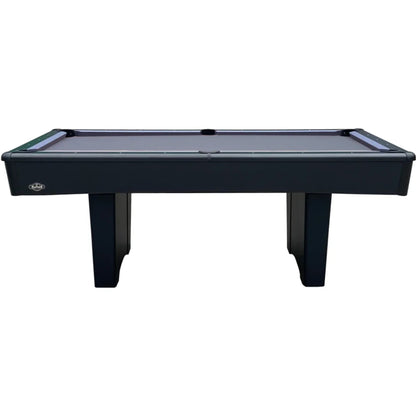 Pool table with black felt surface on a white background