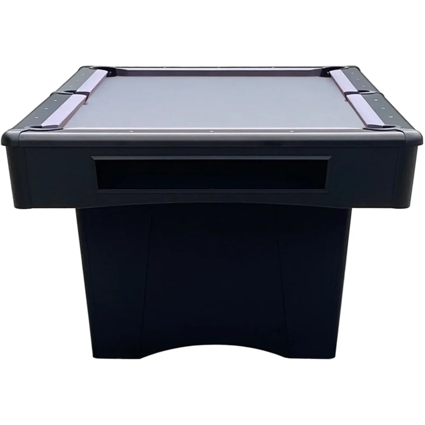 Black pool table with a gray felt surface on a white background