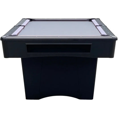 Black pool table with a gray felt surface on a white background