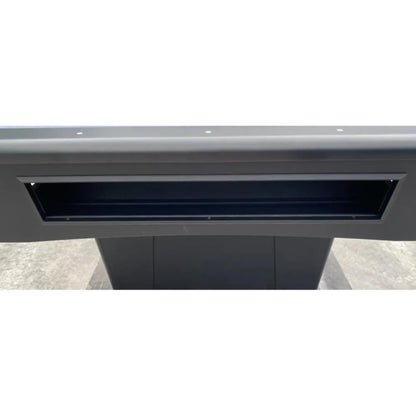 Close up of the outside on the integrated ball storage system on pool table. 