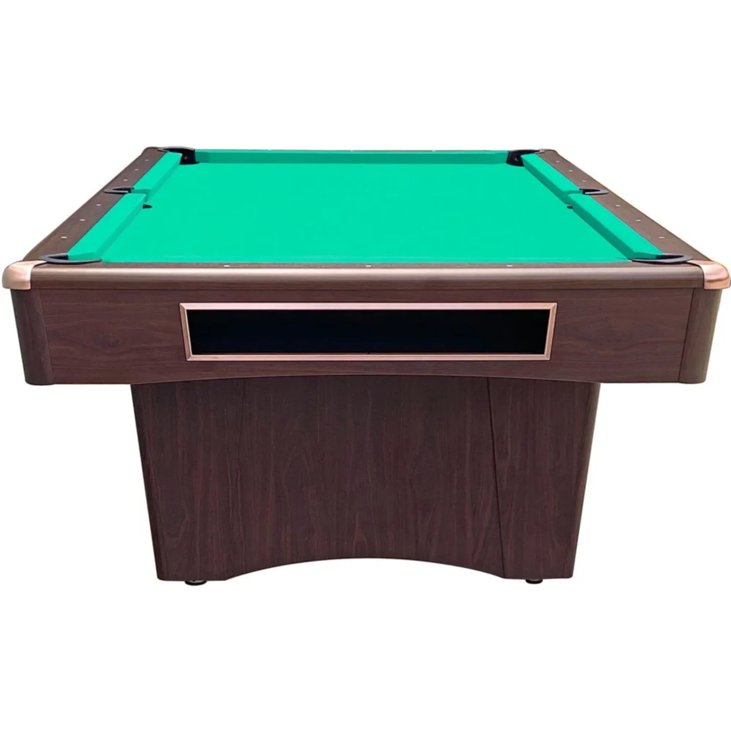 Pool table with green felt surface and brown wooden frame on a white background