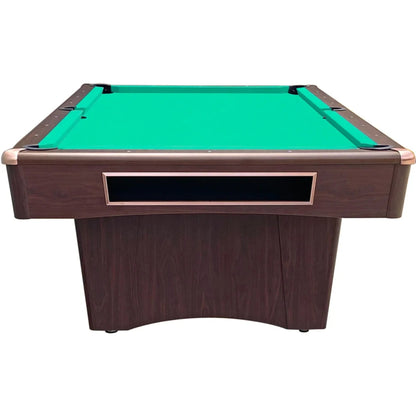 Pool table with green felt surface and brown wooden frame on a white background