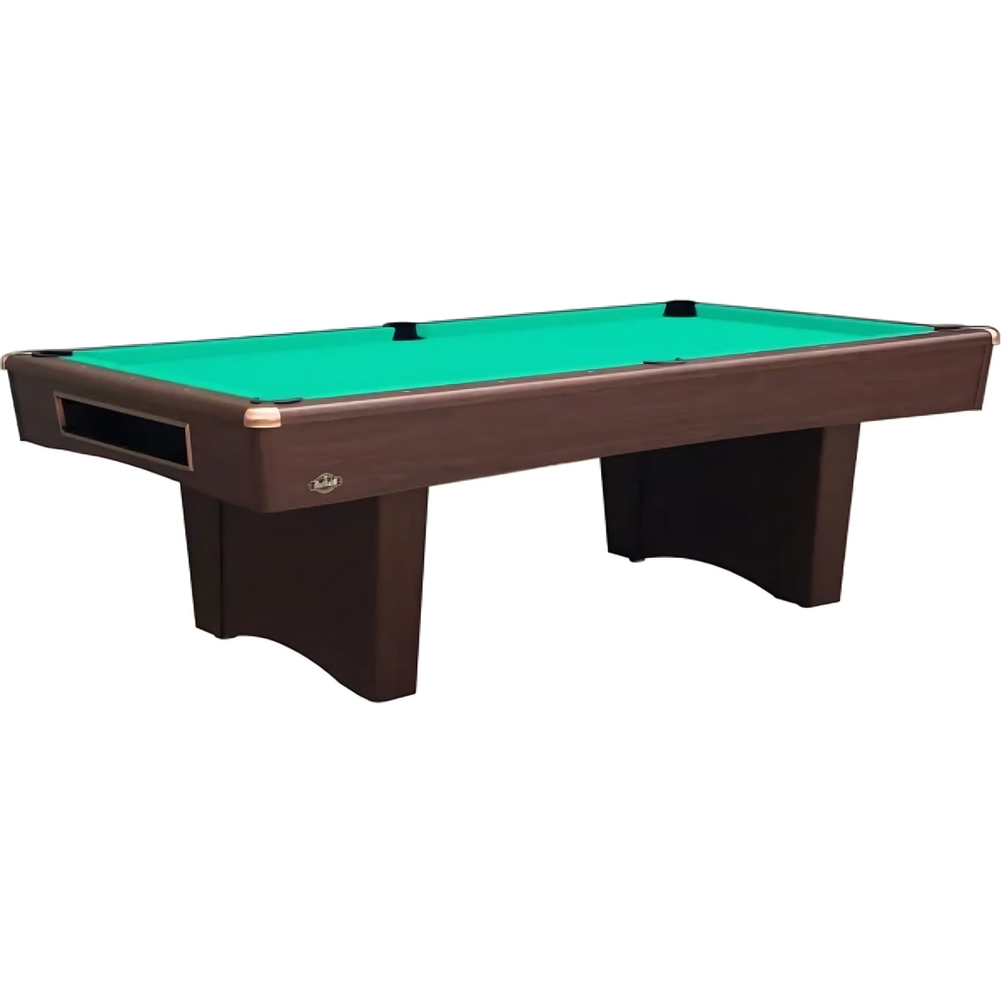 Pool table with green felt surface and brown wooden frame on a white background