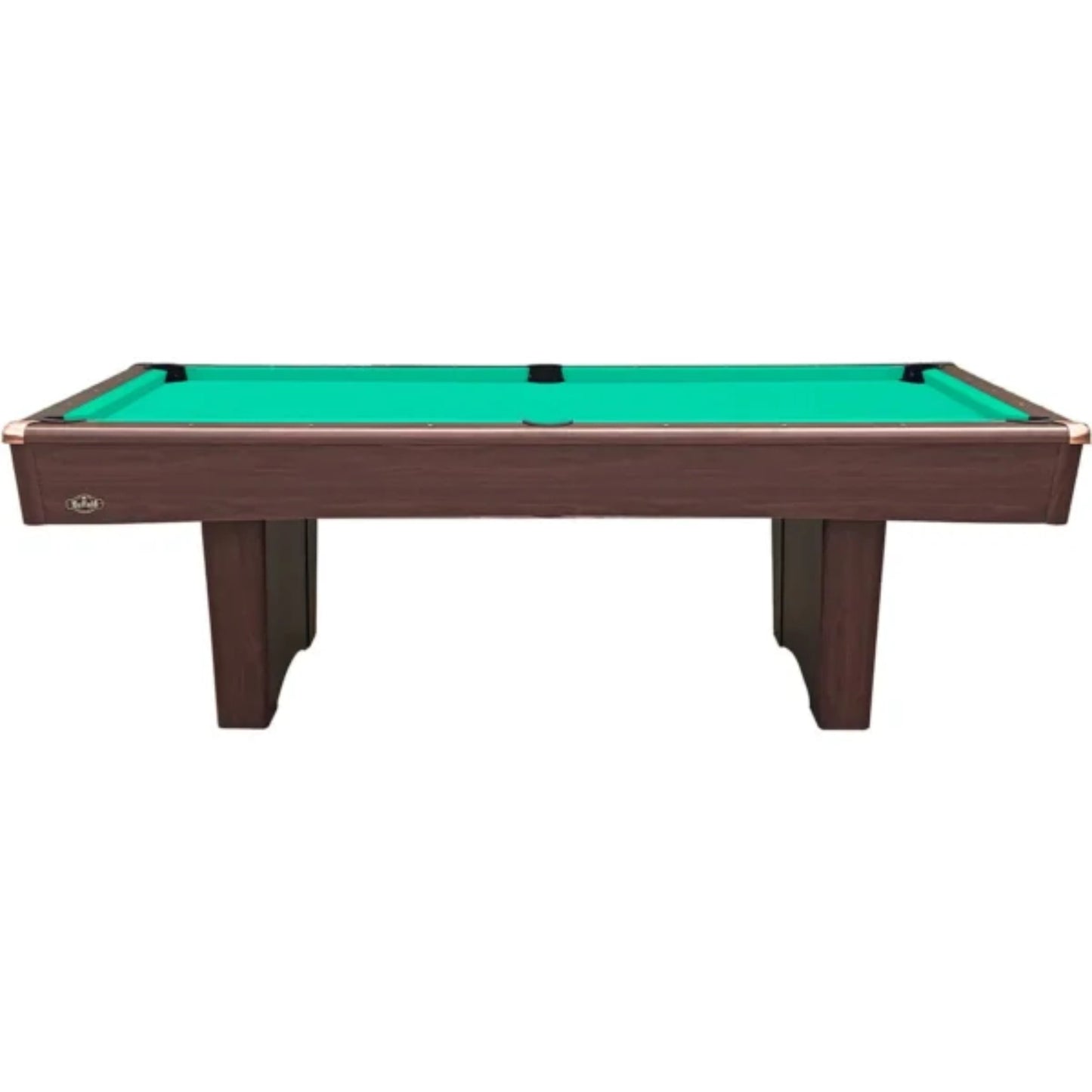 Pool table with green felt surface and brown wooden frame on a white background