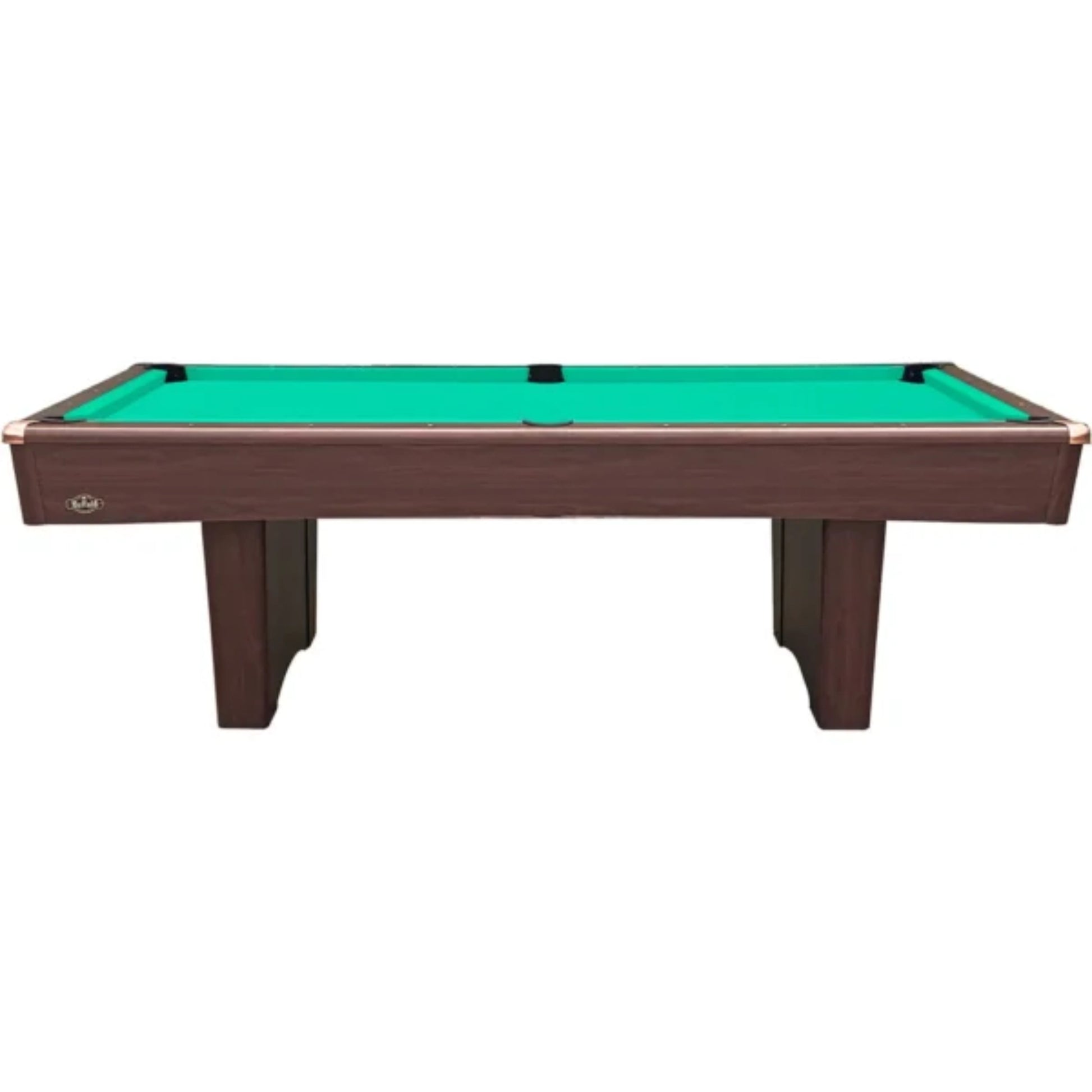 Pool table with green felt surface and brown wooden frame on a white background