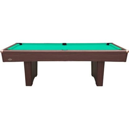 Pool table with green felt surface and brown wooden frame on a white background
