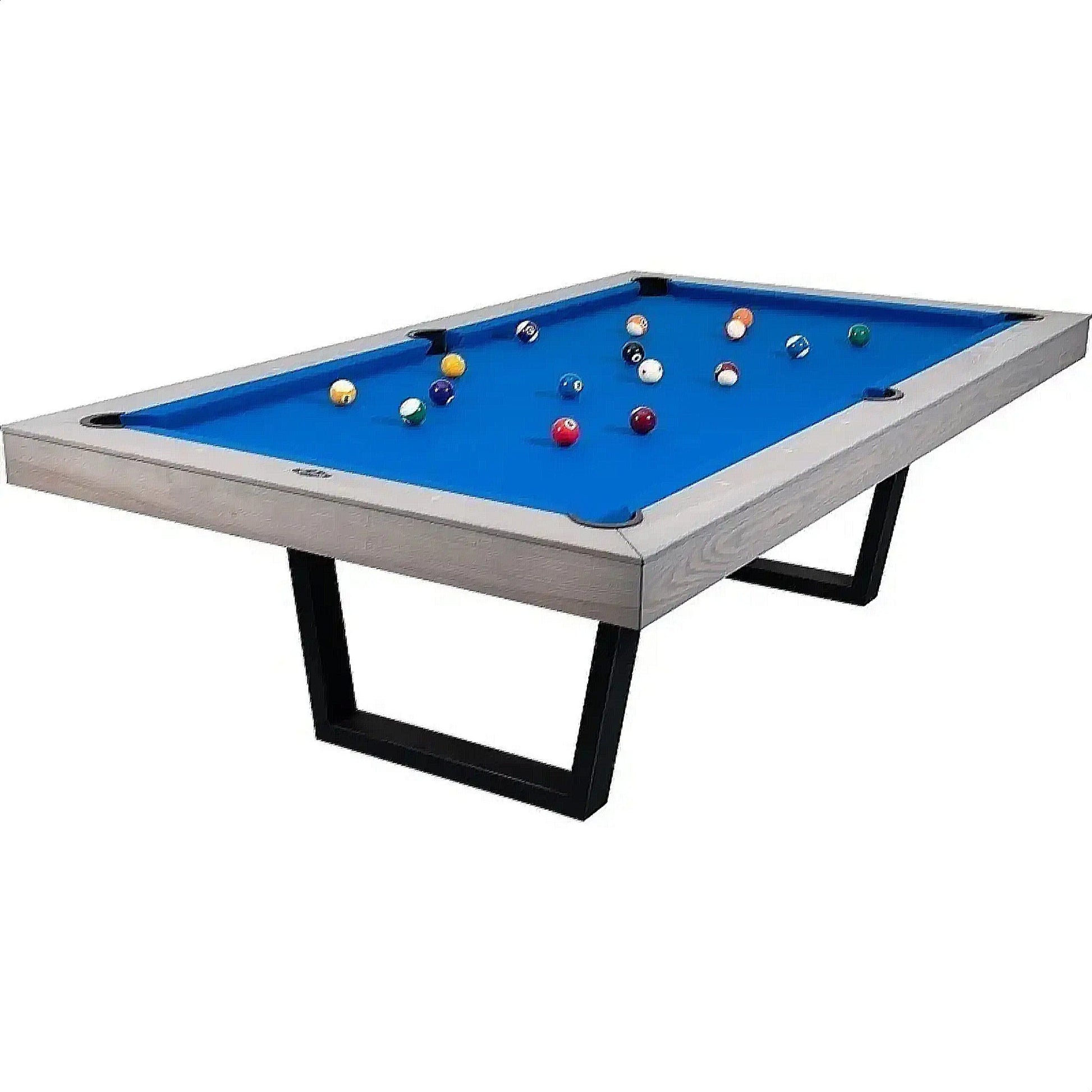 Pool table with blue felt and billiard balls on a white background