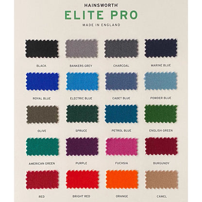 Colour swatch chart for Hainsworth Elite Pro cloth with various colour options.