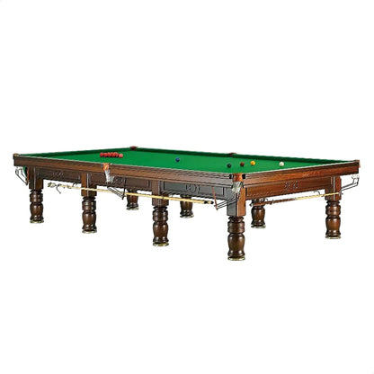 Snooker table with green felt and wooden frame on a white background