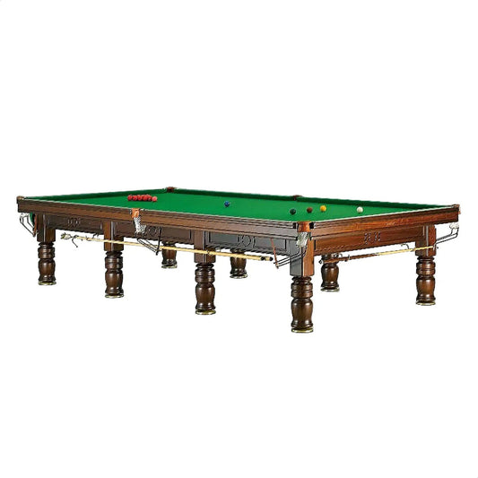 Snooker table with green felt and wooden frame on a white background