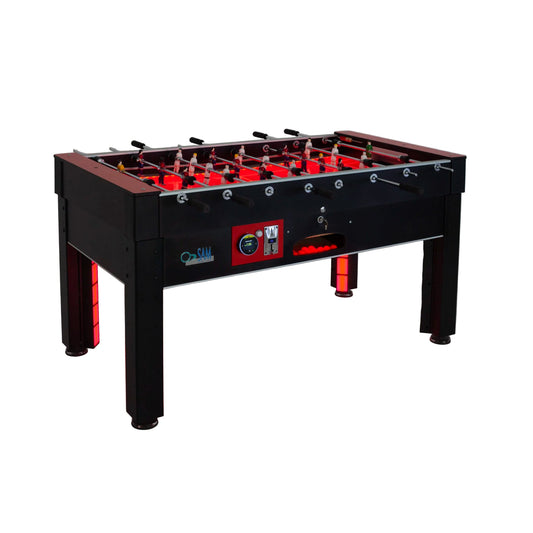 Foosball table with red lighting on a gray background