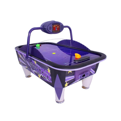 Purple and black air hockey table with colorful pucks on a light purple background